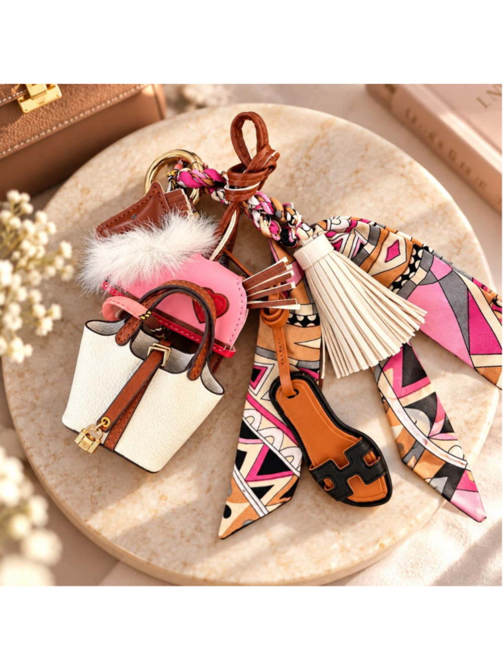 Bag Charm Gift Set | Scarf, Tassel & Mini Purse Charms | Pink Brown Handbag Acce